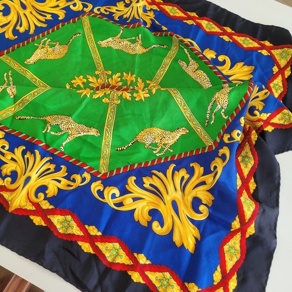 Celine Paris Blue Gold Red Cheetah Nautical Scarf Large 34x34 Square Designer - Picture 3 of 12